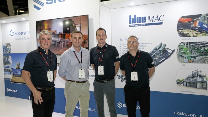 Jans Group has acquired a majority stake in BlueMAC. Pictured at the Australasian Waste and Recycling Expo in Sydney are (from left) Ciaran McCarney, managing director of BlueMAC; Simon Toal of Skala; Sean McBride, Jans Group sales manager; and Michael Rea, COO of Jans Group 