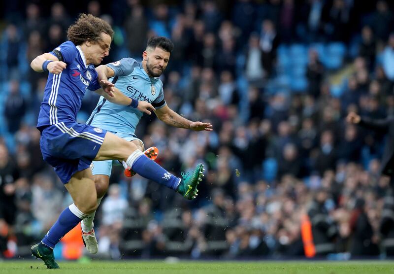 Manchester City's Sergio Aguero (right) fouls Chelsea's David Luiz (left) before being sent-off during the Premier League match at the Etihad Stadium&nbsp;