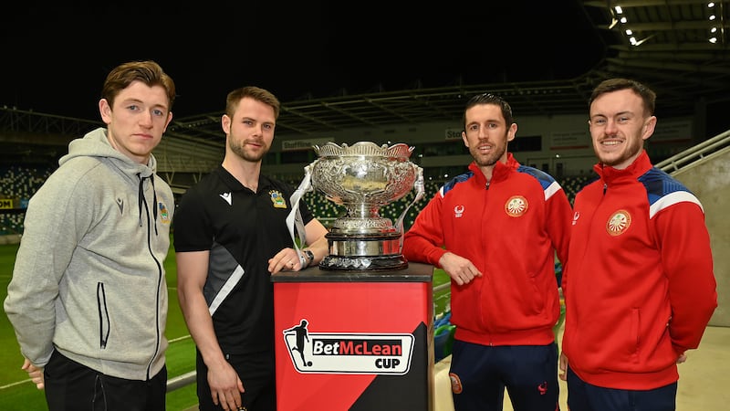 Pacemaker Press 28-02-2024: Portadown face Linfield in this season's BetMcLean Cup final on March 10th at the National Football Stadium (kick-off 3pm). 
Portadowns Gary Thompson and Lee Chapman and Linfields Daniel Finlayson and Chris Johns.
Picture By: Arthur Allison/ Pacemaker Press.