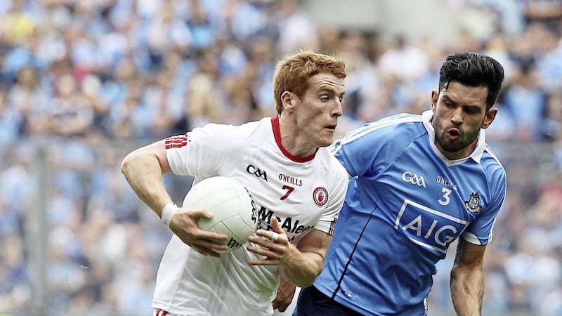 Dublin&#39;s Cian O&#39;Sullivan in action against Tyrone&#39;s Peter Harte. Picture by Philip Walsh 