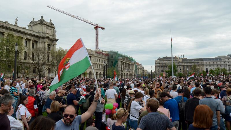 People gather in Budapest, Hungary, in support of Peter Magyar (Justin Spike/AP)