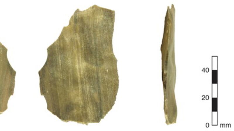 One of two flakes, or hand tools, seen from three different angles, discovered in the Jordan Rift Valley. The flakes helped the scientists date human migration. (University of Southampton/PA Wire)