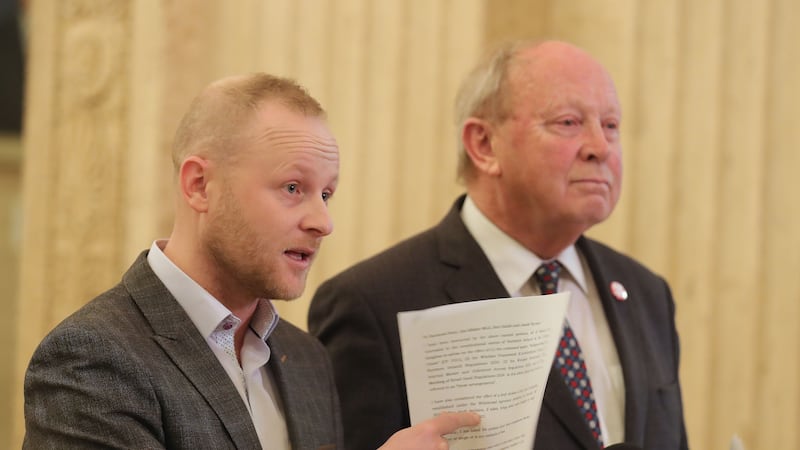 TUV leader Jim Allister and loyalist blogger Jamie Bryson pictured in Parliament Buildings at Stormont presenting a legal document about the return on the Northern Ireland Assembly.  The DUP decided to return to Stormont after anti year boycott in relation to the Northern Ireland Protocol which was put in place as a result of BREXIT. 

The legal advice, which was from former Attorney General John Larkin, was commissioned by Ben Habib, Baroness Hoey, Jim Allister and Jamie Bryson.
PICTURE: COLM LENAGHAN