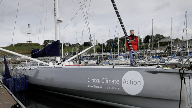 Greta Thunberg on the boat Malizia, on which she is sailing to the US this week from England to attend a UN climate conference 