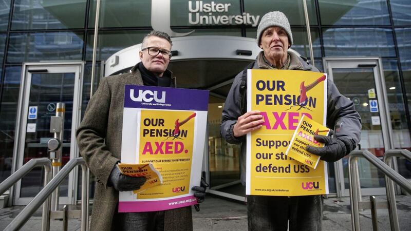 Lecturers outside Ulster University previously took strike action over changes to staff pensions.  Picture Mal McCann 
