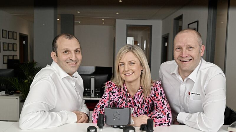 Sensoteq chief executive Idir Boudaoud (left) and chief technical officer Alan McCall with Whiterock Finance investment director Rhona Barbour 