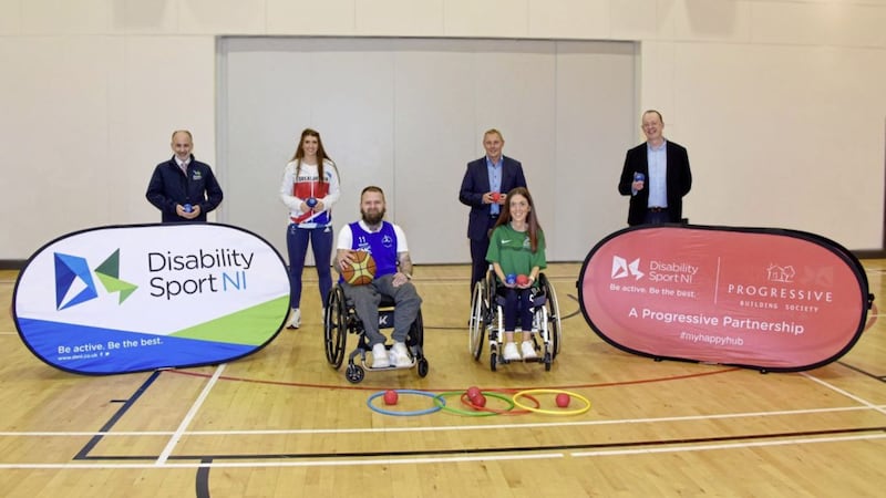 Pictured from L-R are Disability Sport NI chairperson Michael McAteer, Paralympian Bethany Firth, Ricky McVicker, Michael Boyd, Deputy Chief Executive &amp; Finance Director at Progressive Building Society, Jayne Mulligan, and DSNI chief executive Kevin O&rsquo;Neill. 