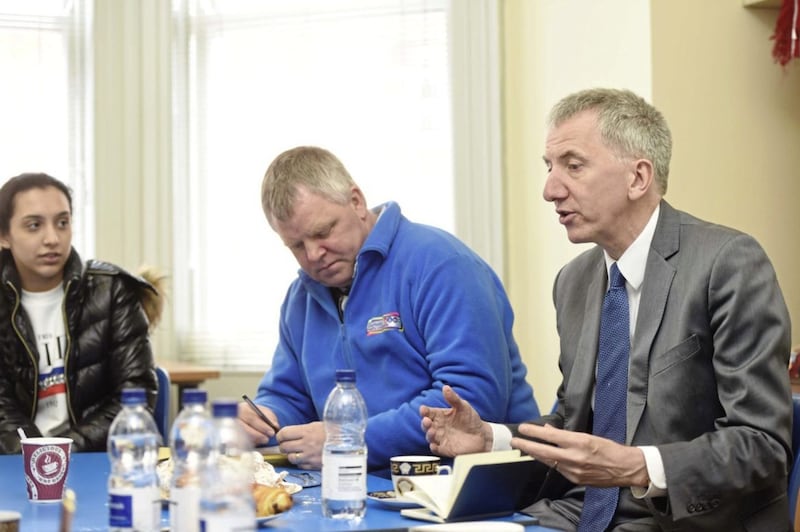 Sinn Fein&#39;s Mairtin O&#39;Muilleoir visits the Roma and Romanian Association of NI at their community centre in Belfast. The topic of the meeting was the reduction of Roma funding from &Acirc;&pound;74,000 to nothing at all. Picture Mark Marlow. 