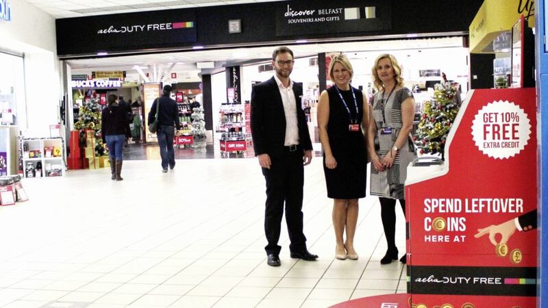 Coindrum chief executive Lukas Decker with Belfast International Airport commercial services manager Deirdre Graffin (centre) and Michele Hunter, general manager at Aelia Duty Free 