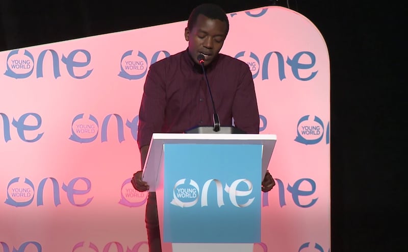 Hyppolite Ntigurirwa speaking at the One Young World conference in Bogota, Colombia (PA)