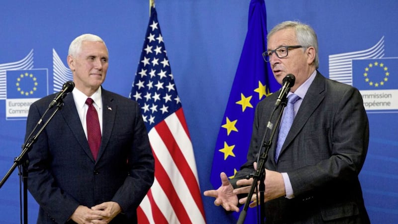 US vice-president Mike Pence and European Commission President Jean-Claude Juncker address a press conference prior to a meeting at EU headquarters in Brussels on Monday Picture by Virginia Mayo/Pool/AP 
