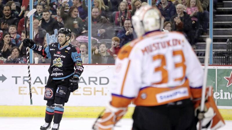 Belfast Giants player David Rutherford celebrates scoring against Sheffield Steelers during in the Elite Ice Hockey League game at the SSE Arena, Belfast. Picture by William Cherry/Presseye. 