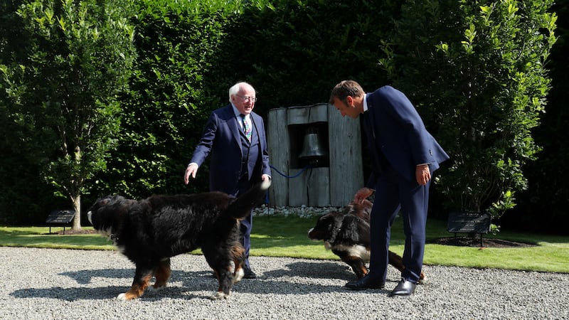 President Michael D Higgins with his dogs Brod and Misnaech and French President Emmanuel Macron, at &Aacute;ras an Uachtar&aacute;in, Dublin, during his first official visit to the Republic. Picture by Maxwells/PA Wire 