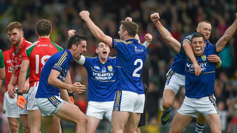 Kerry's (l-r) Marc &Oacute; S&eacute;, Paul Geaney, Anthony Maher, Barry John Keane and David Moran celebrate their 2014 All-Ireland semi-final replay victory over Mayo at the Gaelic Grounds in Limerick