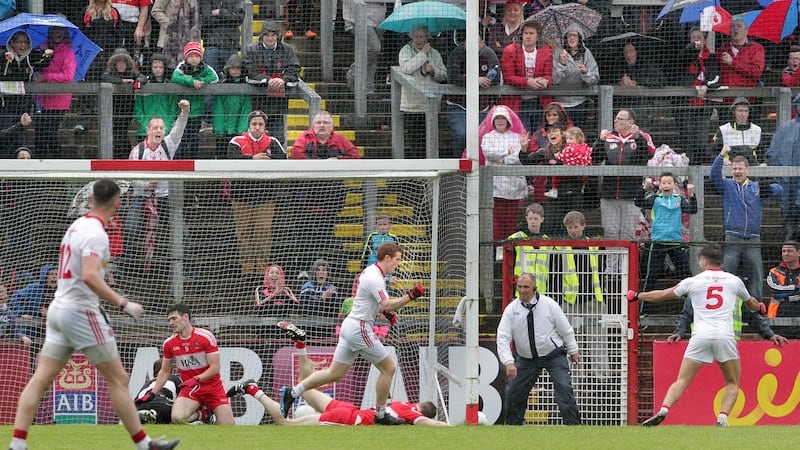 Tyrone's Peter Harte wheels away after scoring a goal against Derry during the Ulster Senior Football Championship quarter-final match played at Celtic Park on Sunday. Picture Margaret McLaughlin&nbsp;