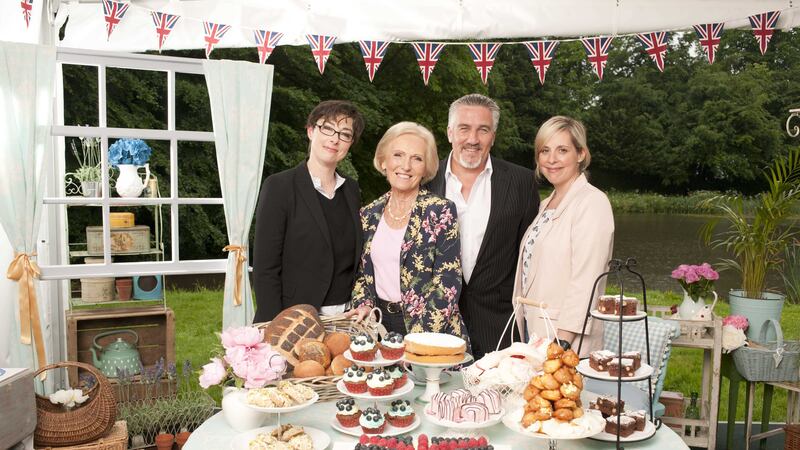 The judges of the Great British Bake off Mary Berry and Paul Hollywood (centre) with presenters Sue Perkins (far left) and Mel Giedroyc (far right)&nbsp;