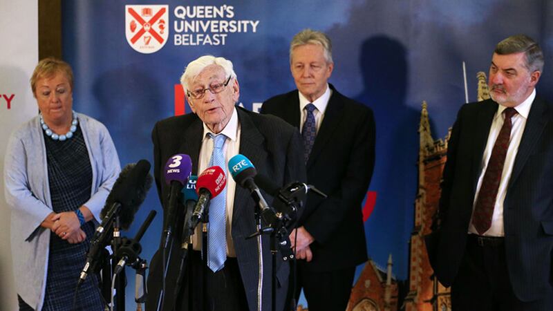 Professor Monica McWilliams, Seamus Mallon, Peter Robinson and Lord John Alderdice during an event to mark the 20th anniversary of the Good Friday Agreement, at Queen's University in Belfast&nbsp;
