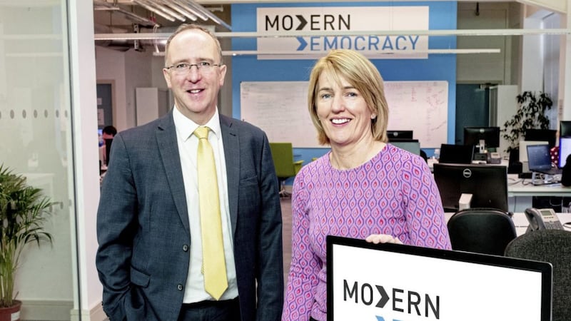 Carmel Quigg, account director at Modern Democracy, with Invest NI&#39;s Des Gartland 