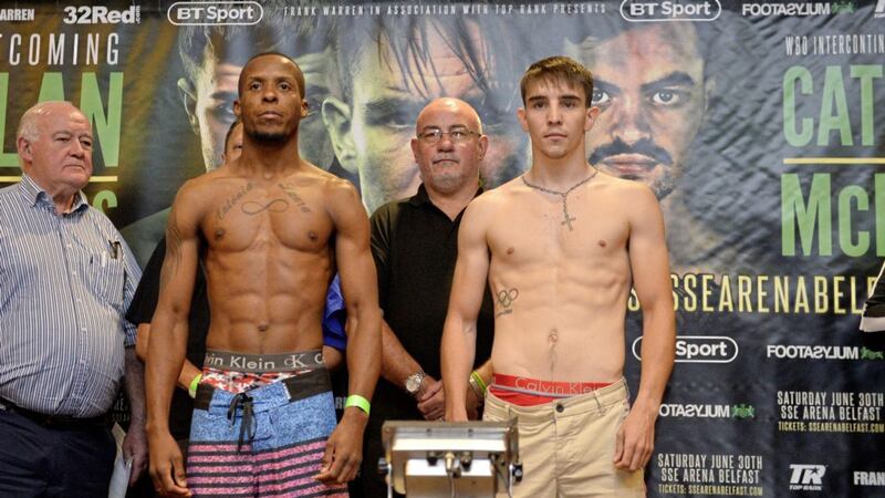 Adeilson Dos Santos and Michael Conlon weigh in at The Europa hotel in Belfast ahead of their Super Featherweight bout at The SSE Arena on Saturday evening. Picture Mark Marlow 