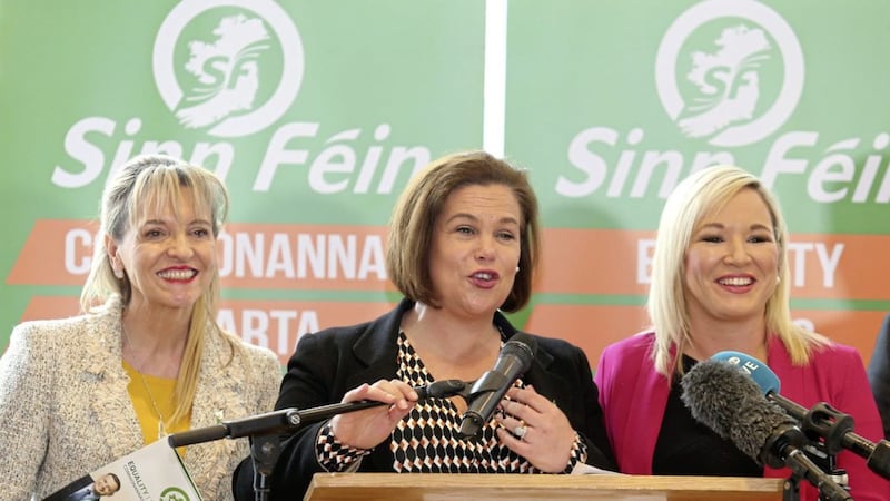 Sinn F&eacute;in leader Mary Lou McDonald (centre) flanked by MEP Martina Anderson (left) and Stormont leader Michelle O&#39;Neill (right). Picture by Mal McCann 