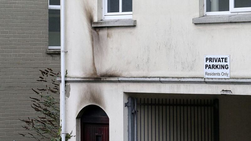 Scorch damage caused to a flat after a petrol bomb attack in Tandragee, Co Amargh. 