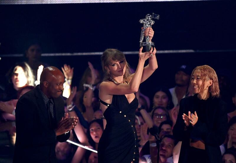 Taylor Swift on stage after winning the Video of the Year award for Anti-Hero at the MTV Video Music Awards 2023