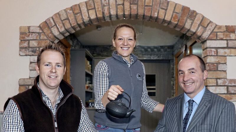 Pictured in the new tearoom are Richard and Sharon Orr from Meadow Farm and Derick Wilson, business development manager at Ulster Bank 