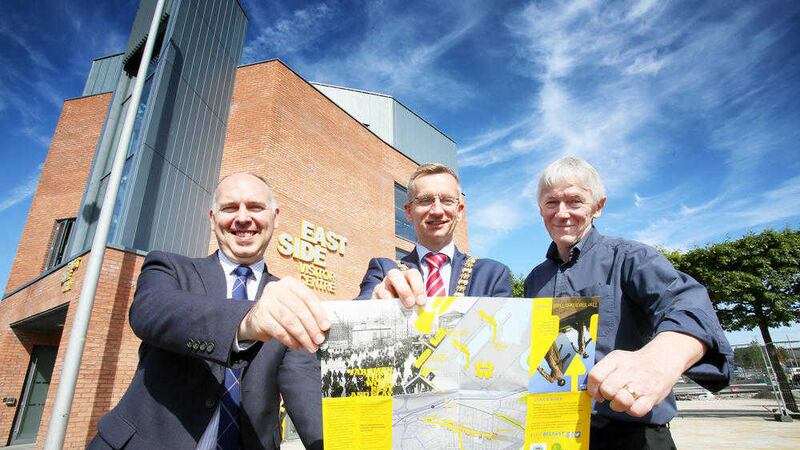 Martin Graham from Tourism NI, Lord Mayor of Belfast Alderman Brian Kingston, and Maurice Kinkead, chief executive of EastSide Partnership at the new visitor centre 