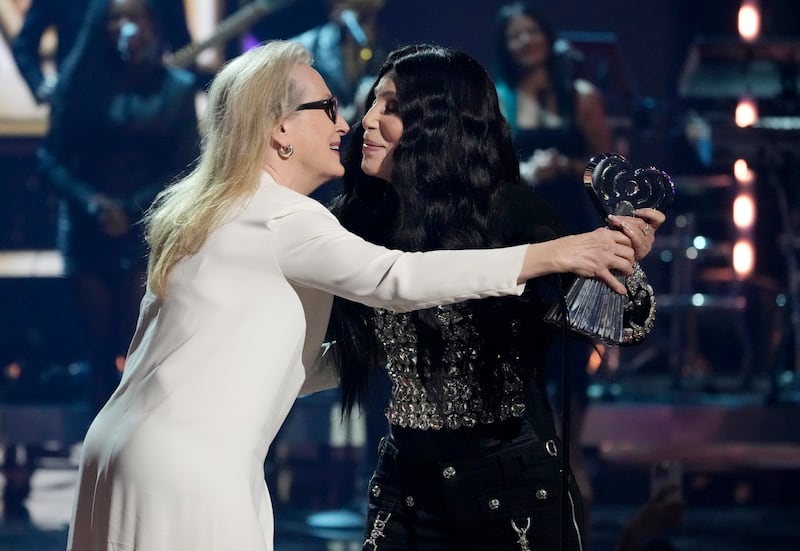 Cher accepts the Icon Award from presenter Meryl Streep during the iHeartRadio Music Awards (Chris Pizzello/AP)