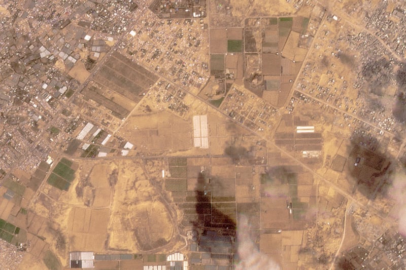 A satellite image appears to show a new compound of tents being built near Khan Younis in the Gaza Strip as the Israeli military continues to signal it plans an offensive targeting the city of Rafah (Planet Labs PBC via AP)