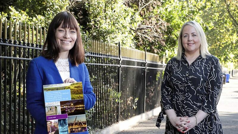 Infrastructure Minister Nichola Mallon pictured with Kirsty McManus (IoD NI national director), who chaired the independent panel of experts to produce the Ministerial Advisory Panel on Infrastructure. Picture: Kelvin Boyes/PressEye 