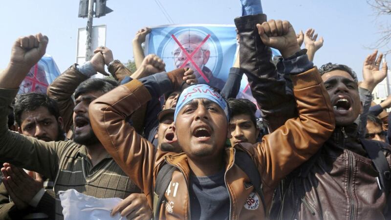 Supporters of a Pakistani religious group Islami Jamiat-e-Talaba chant slogans at a rally against India on Wednesday. Picture by KM Chaudary, Associated Press 