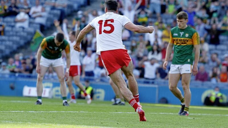 Conor McKenna reels away in celebration after scoring his second goal in Tyrone's All-Ireland semi-final victory over Kerry.&nbsp;Picture by Philip Walsh