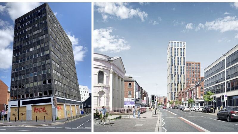 Fanum House as it looks today (left) and an artist&#39;s impression of &#39;The Grattan&#39; scheme (right). 