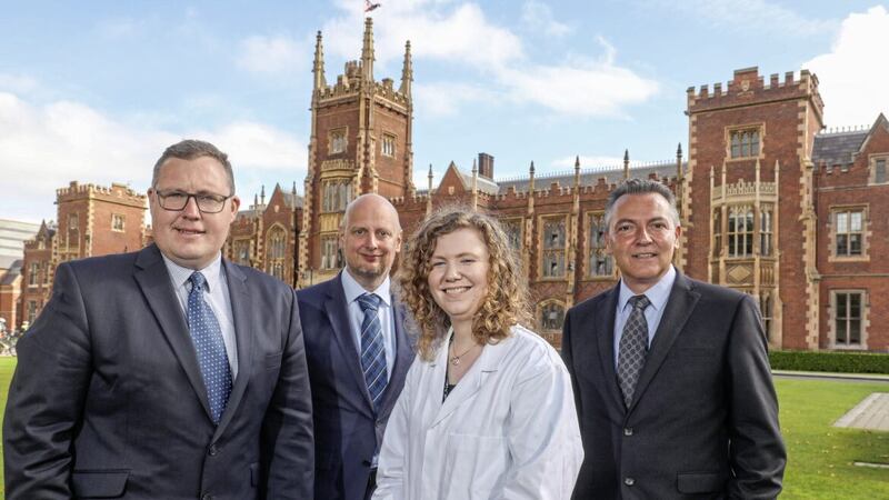 Announcing the acquisition deal are (from left) Tim Harrison, managing director Ionic Rare Earths; Professor Peter Nockemann of Queen&#39;s University; and Esther McKee and Andrew Holmes of IonicTech 