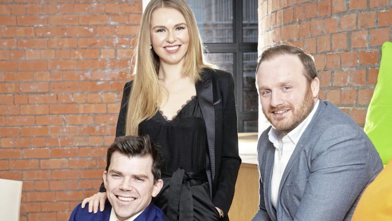 Pictured ahead of the annual Digital DNA Awards, which will be held in St Anne&rsquo;s Cathedral on April 26, are Sean Devlin (MCS Group) and Simon Bailie (Digital DNA) with Zoe Salmon, presenter and host of the awards evening 