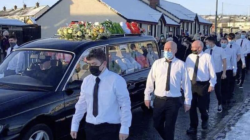 A large crowd of mouners joined the funeral cortege after it left St Mary&#39;s church in Creggan. 