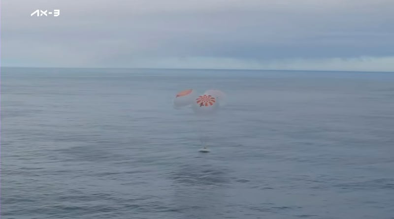 The SpaceX capsule parachutes into the Atlantic on Friday (Axiom Space via AP)