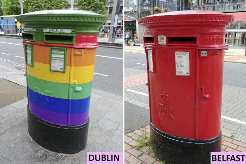A postbox in central Dublin ahead of the city&#39;s Pride events, and a postbox on Royal Avenue ahead of Belfast Pride 