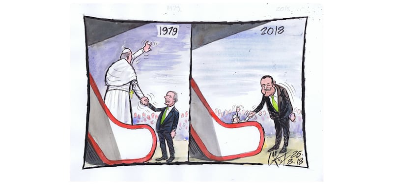 The multitudinous faithful who greeted the towering figure of Pope John Paul II when he was welcomed to Ireland by Taoiseach Jack Lynch in 1979 is greatly reduced when Pope Francis is received by a very different kind of Taoiseach in 2018&nbsp;