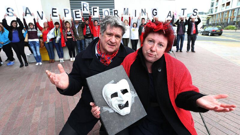 Actor&#39;s Dan Gordon and Christina Nelson at the  Save the performing Arts protest yesterday at the Belfast Met college Titanic..Picture Hugh Russell. 