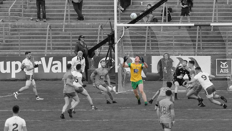 Donegal's Hugh McFadden set to collect the incoming ball from a Tyrone attack during the Ulster Senior Football Championship semi-final match played at Breffni Park, Cavan on Saturday June 8 2019. Picture by Margaret McLaughlin.&nbsp;
