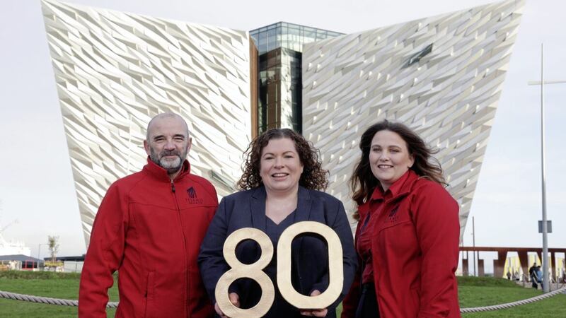 Heather Graham, head of HR at Titanic Belfast, is joined by visitor service crew Philip Moffett and Grace McKendry as the attraction announces the creation of 80 jobs. Picture: William Cherry /PressEye 