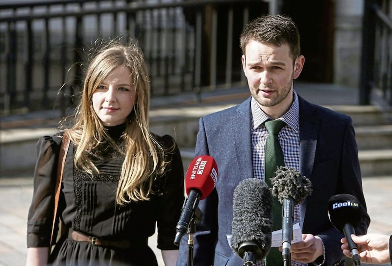 Daniel and Amy McArthur of Ashers Baking Company speak to the media outside the Court of Appeal in Belfast, where the McArthur family, who run Ashers Baking Company, are seeking to overturn a judgment which found their refusal to make a cake with a pro-gay marriage slogan was unlawful. PRESS ASSOCIATION Photo. Picture date: Monday May 9, 2016. See PA story ULSTER Cake. Photo credit should read: Brian Lawless/PA Wire. 