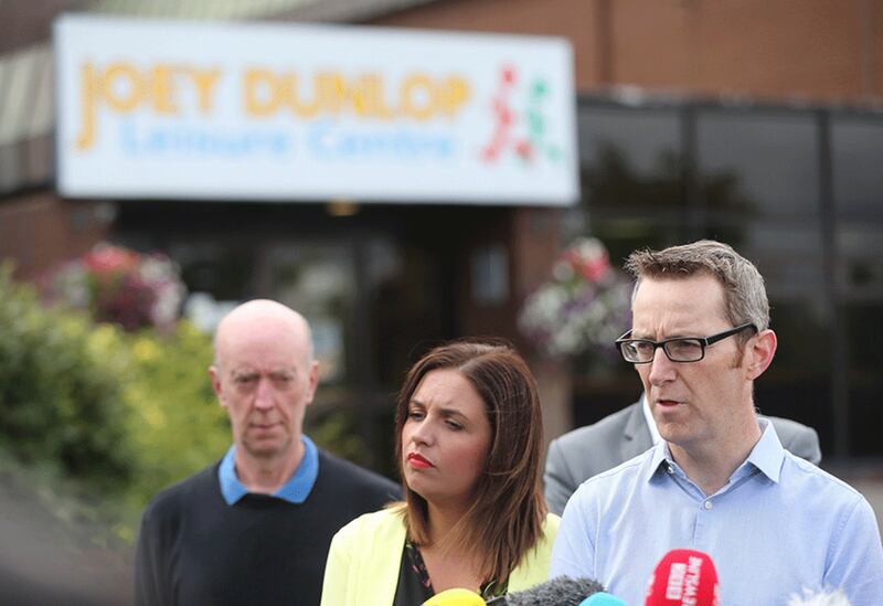 &nbsp;Sinn F&eacute;in North Antrim assembly member Philip McGuigan with party members outside the Joey Dunlop centre in Ballymoney after signing a recall petition to oust Ian Paisley as MP. Picture by Niall Carson, PA