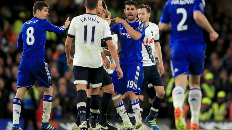 Chelsea's Diego Costa (centre) argues with the Tottenham Hotspur players during the Barclays Premier League match at Stamford Bridge, London&nbsp;