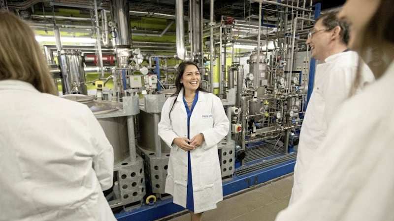 FUTURE: Home Secretary Priti Patel meets students and staff working on &lsquo;carbon capture&rsquo; at Imperial College London, where she announced plans for a new points-based immigration system 