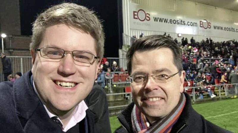 Peter Cardwell with former secretary of state James Brokenshire at Newry&#39;s Pairc Esler 