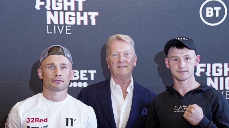 Carl Frampton and Darren Traynor with Queensbury Promotions chief Frank Warren. Pic: Stephen Dunkley 