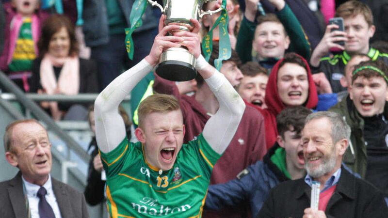 St Brendan's, Killarney captain Evan Cronin lifts the Hogan Cup after the win over St Patrick's, Maghera at Croke Park on Saturday <br />Picture by Margaret McLaughlin